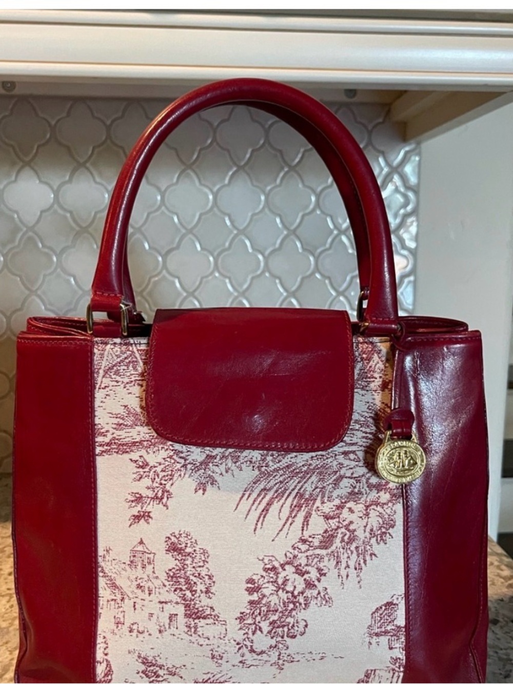 Brahmin Red Smooth Leather w Toile Canvas Bag